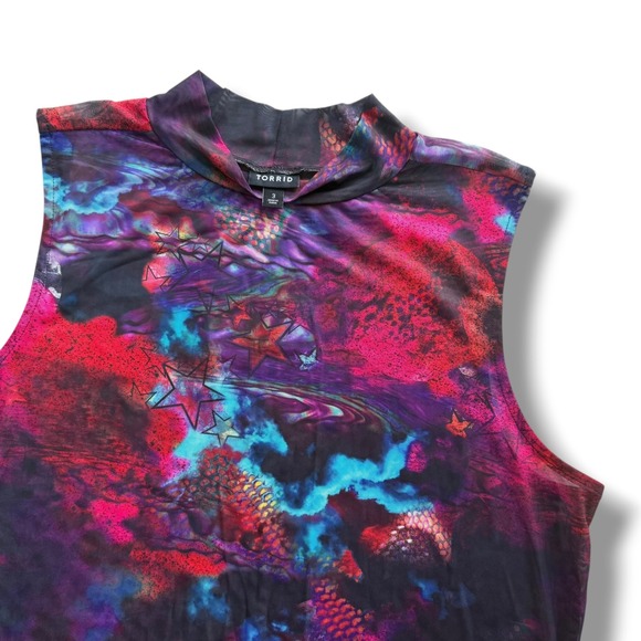 torrid Tops - Torrid Women's Plus 3 Multicolor Cosmic Star Foxy Mesh Mock Neck Sleeveless Tank